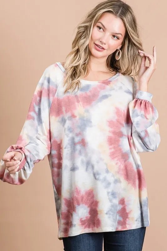 BiBi Tie Dye Print Terry Top With Puff Sleeves - Bitsy Gypsy Boutique