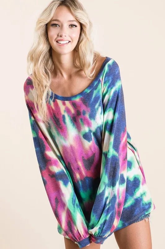 BiBi Tie Dye Print Terry Top with Puff Sleeves - Bitsy Gypsy Boutique