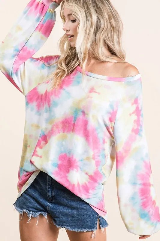 BiBi Tie Dye Print Terry Top With Puff Sleeves - Bitsy Gypsy Boutique