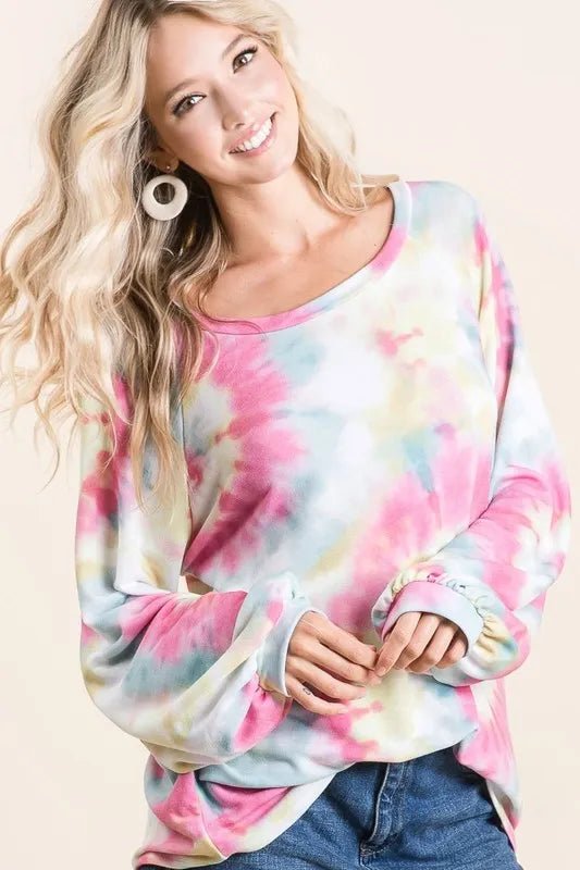 BiBi Tie Dye Print Terry Top With Puff Sleeves - Bitsy Gypsy Boutique