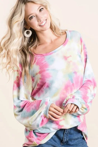BiBi Tie Dye Print Terry Top With Puff Sleeves - Bitsy Gypsy Boutique