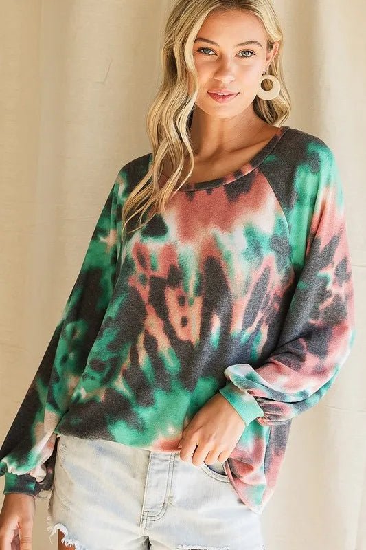 BiBi Tie Dye Print Terry Top with Puff Sleeves - Bitsy Gypsy Boutique