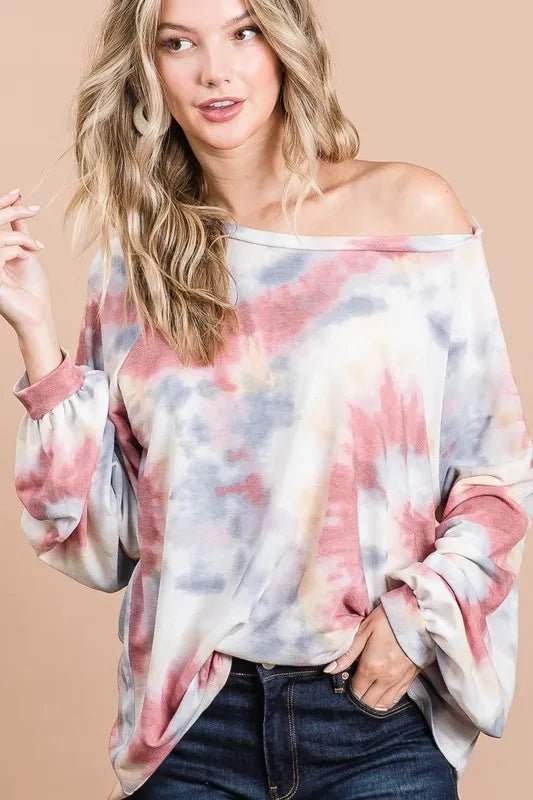 BiBi Tie Dye Print Terry Top With Puff Sleeves - Bitsy Gypsy Boutique