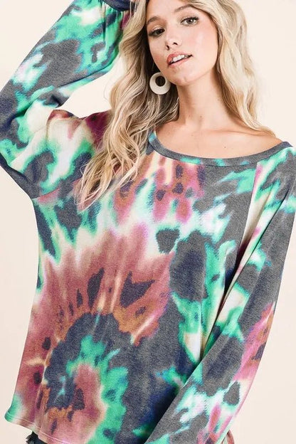 BiBi Tie Dye Print Terry Top with Puff Sleeves - Bitsy Gypsy Boutique