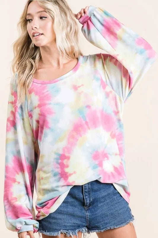 BiBi Tie Dye Print Terry Top With Puff Sleeves - Bitsy Gypsy Boutique