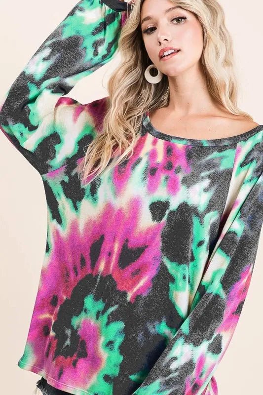 BiBi Tie Dye Print Terry Top with Puff Sleeves - Bitsy Gypsy Boutique