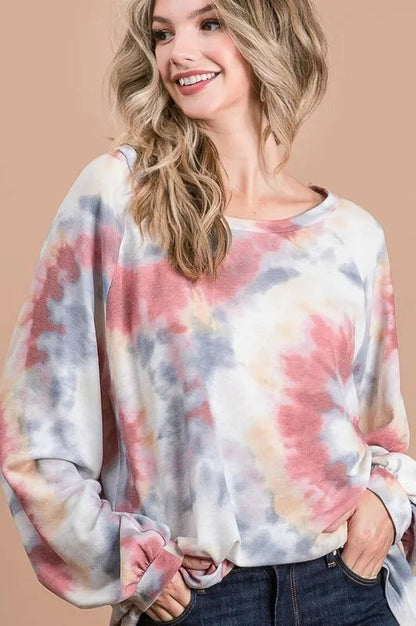 BiBi Tie Dye Print Terry Top With Puff Sleeves - Bitsy Gypsy Boutique