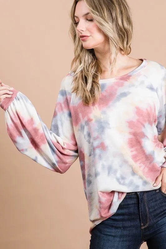 BiBi Tie Dye Print Terry Top With Puff Sleeves - Bitsy Gypsy Boutique