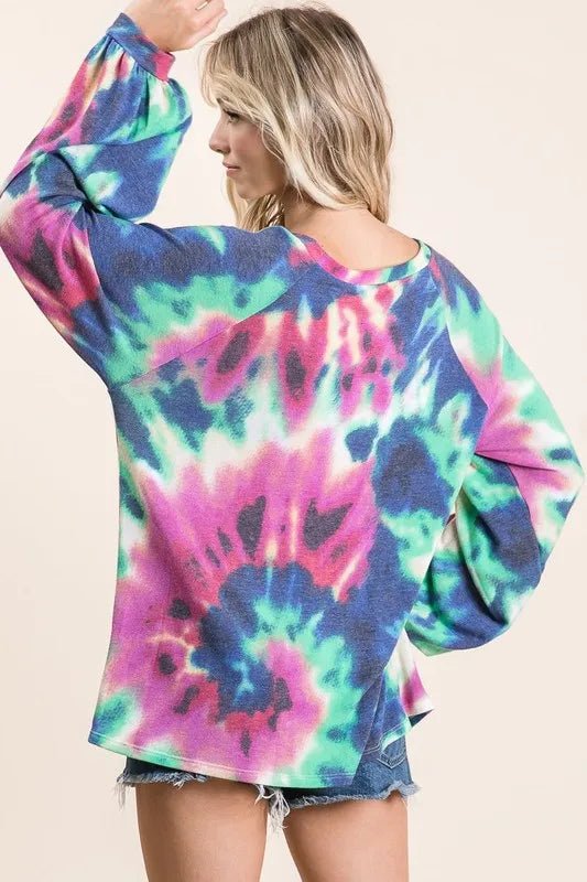 BiBi Tie Dye Print Terry Top with Puff Sleeves - Bitsy Gypsy Boutique