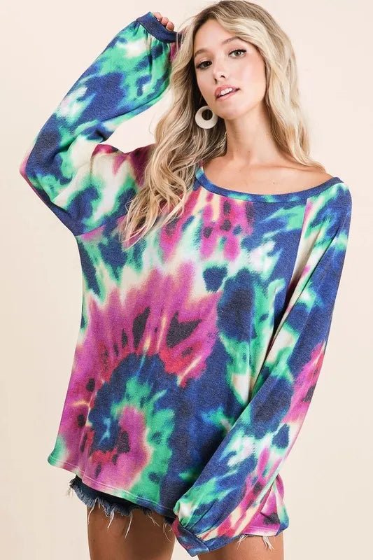 BiBi Tie Dye Print Terry Top with Puff Sleeves - Bitsy Gypsy Boutique
