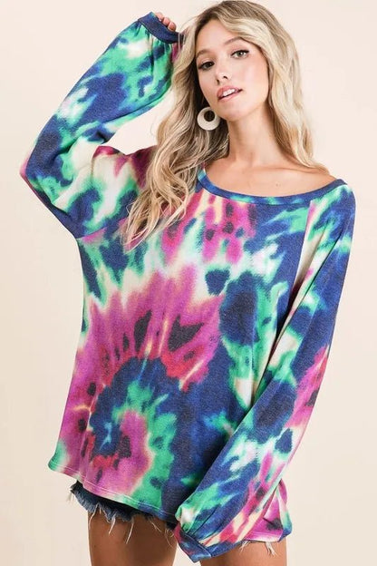 BiBi Tie Dye Print Terry Top with Puff Sleeves - Bitsy Gypsy Boutique