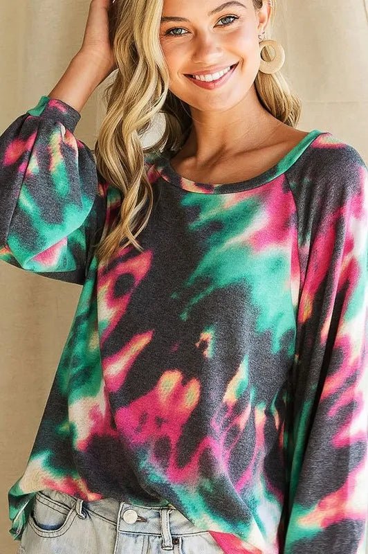 BiBi Tie Dye Print Terry Top with Puff Sleeves - Bitsy Gypsy Boutique
