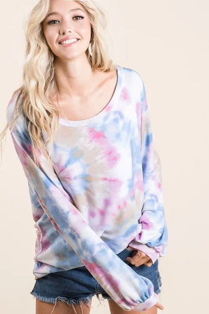 BiBi Tie Dye Print Terry Top With Puff Sleeves - Bitsy Gypsy Boutique