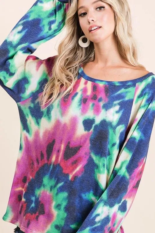 BiBi Tie Dye Print Terry Top with Puff Sleeves - Bitsy Gypsy Boutique