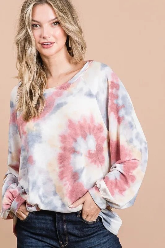 BiBi Tie Dye Print Terry Top With Puff Sleeves - Bitsy Gypsy Boutique