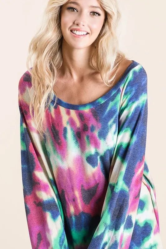 BiBi Tie Dye Print Terry Top with Puff Sleeves - Bitsy Gypsy Boutique