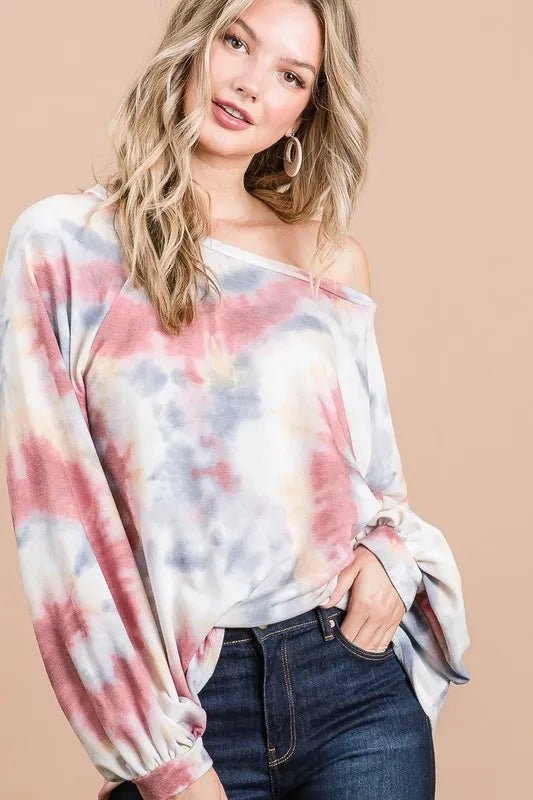 BiBi Tie Dye Print Terry Top With Puff Sleeves - Bitsy Gypsy Boutique