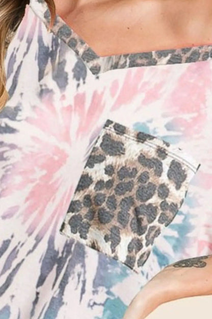 BiBi Tie Dye Print V Neck Top with Front Patch Pocket - Bitsy Gypsy Boutique