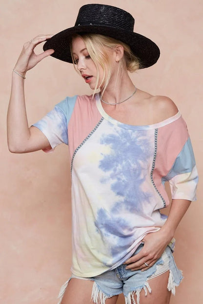 BiBi Tie Dye Printed Cotton Color Block T-Shirt - Bitsy Gypsy Boutique