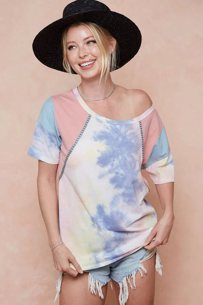BiBi Tie Dye Printed Cotton Color Block T-Shirt - Bitsy Gypsy Boutique