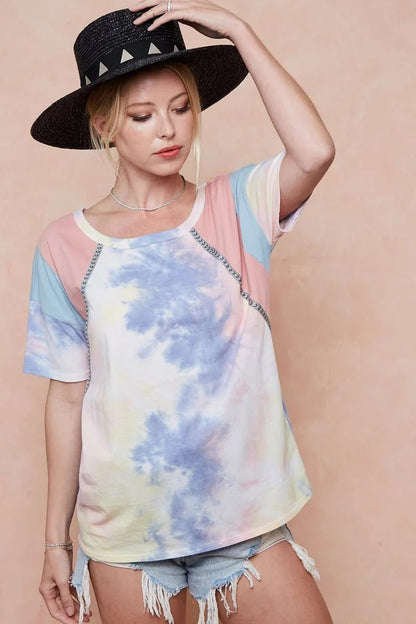 BiBi Tie Dye Printed Cotton Color Block T-Shirt - Bitsy Gypsy Boutique