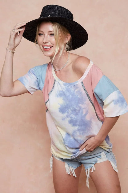 BiBi Tie Dye Printed Cotton Color Block T-Shirt - Bitsy Gypsy Boutique