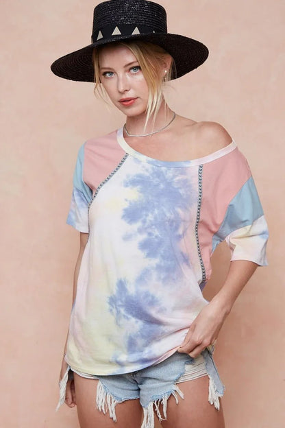 BiBi Tie Dye Printed Cotton Color Block T-Shirt - Bitsy Gypsy Boutique