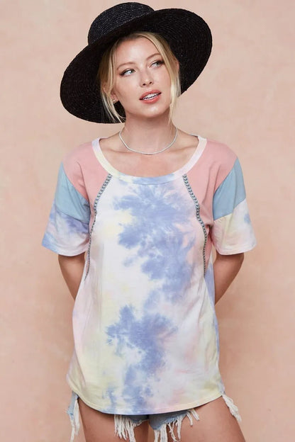 BiBi Tie Dye Printed Cotton Color Block T-Shirt - Bitsy Gypsy Boutique