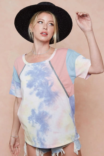 BiBi Tie Dye Printed Cotton Color Block T-Shirt - Bitsy Gypsy Boutique