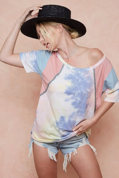 BiBi Tie Dye Printed Cotton Color Block T-Shirt - Bitsy Gypsy Boutique
