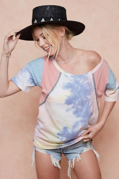 BiBi Tie Dye Printed Cotton Color Block T-Shirt - Bitsy Gypsy Boutique