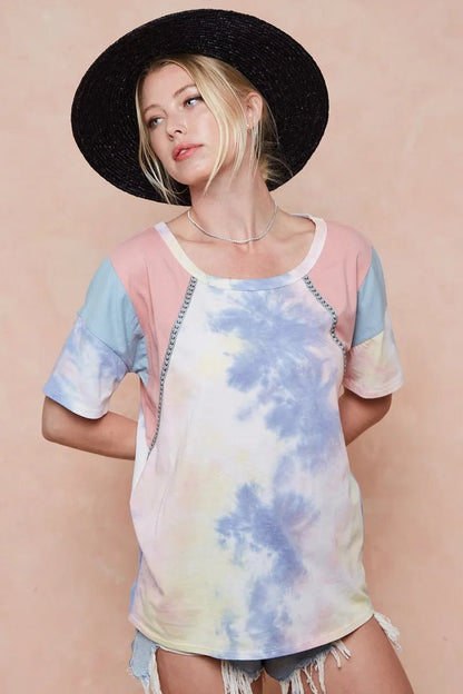 BiBi Tie Dye Printed Cotton Color Block T-Shirt - Bitsy Gypsy Boutique