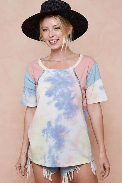BiBi Tie Dye Printed Cotton Color Block T-Shirt - Bitsy Gypsy Boutique