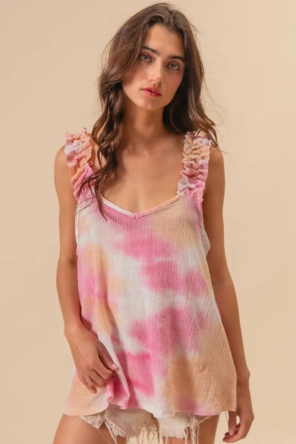 BiBi Tie Dye Printed Textured Woven with Ruffled - Bitsy Gypsy Boutique