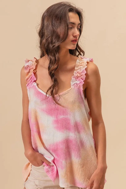 BiBi Tie Dye Printed Textured Woven with Ruffled - Bitsy Gypsy Boutique