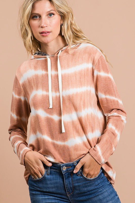 BiBi Tie Dye Stripe Terry Drawstring Hoodie With Leopard - Bitsy Gypsy Boutique