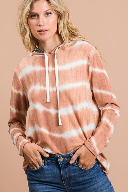 BiBi Tie Dye Stripe Terry Drawstring Hoodie With Leopard - Bitsy Gypsy Boutique