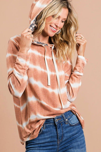 BiBi Tie Dye Stripe Terry Drawstring Hoodie With Leopard - Bitsy Gypsy Boutique