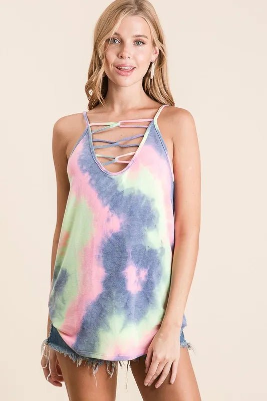 BiBi Tie Dye Terry Camisole with Caged Neck - Bitsy Gypsy Boutique