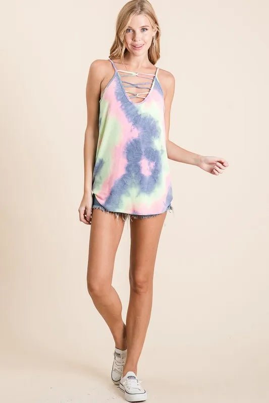 BiBi Tie Dye Terry Camisole with Caged Neck - Bitsy Gypsy Boutique