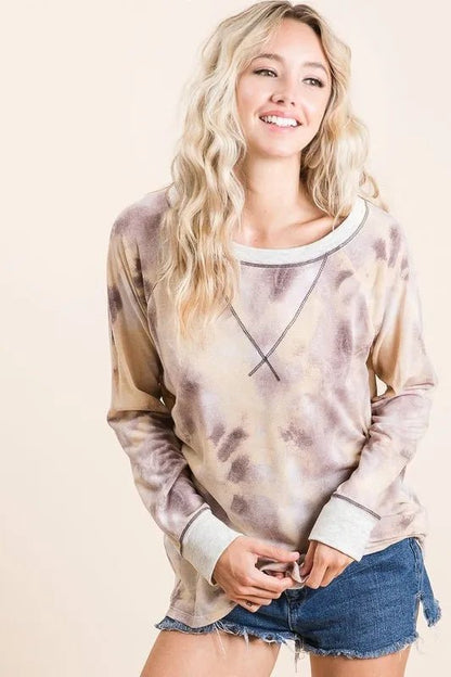 BiBi Tie Dye Terry Pull Over With Contrast Stitching - Bitsy Gypsy Boutique
