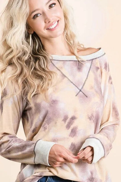 BiBi Tie Dye Terry Pull Over With Contrast Stitching - Bitsy Gypsy Boutique