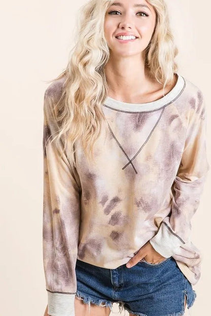 BiBi Tie Dye Terry Pull Over With Contrast Stitching - Bitsy Gypsy Boutique
