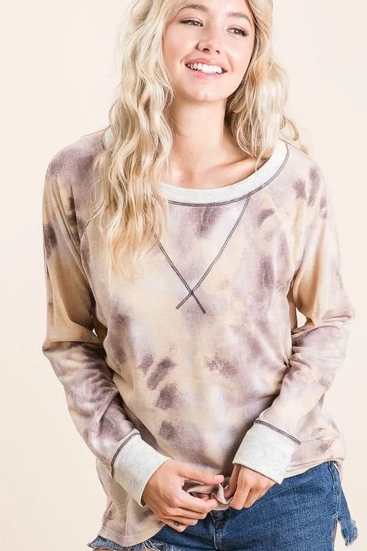 BiBi Tie Dye Terry Pull Over With Contrast Stitching - Bitsy Gypsy Boutique