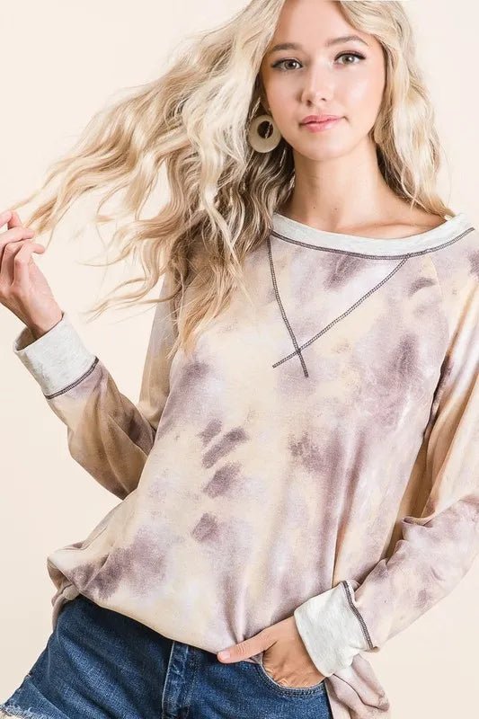 BiBi Tie Dye Terry Pull Over With Contrast Stitching - Bitsy Gypsy Boutique
