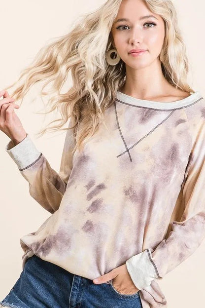 BiBi Tie Dye Terry Pull Over With Contrast Stitching - Bitsy Gypsy Boutique