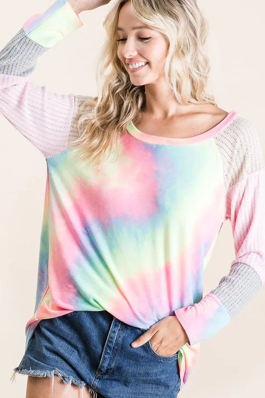 BiBi Tie Dye Terry Top with Color Block Pointelle Knit - Bitsy Gypsy Boutique
