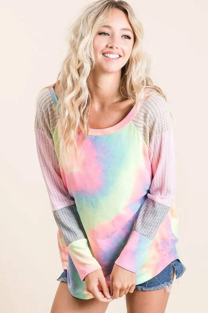 BiBi Tie Dye Terry Top with Color Block Pointelle Knit - Bitsy Gypsy Boutique