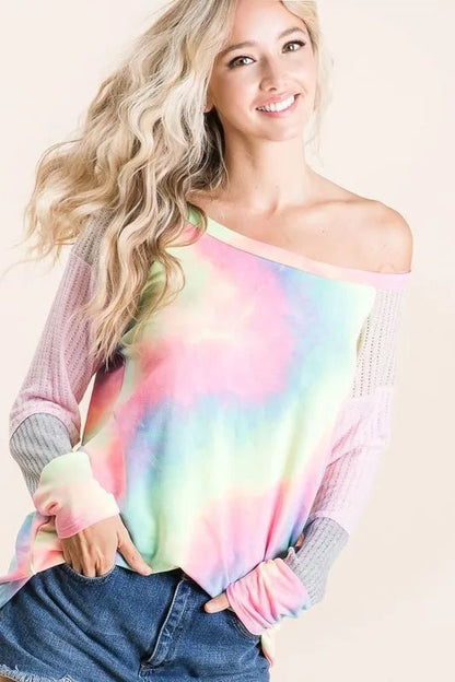 BiBi Tie Dye Terry Top with Color Block Pointelle Knit - Bitsy Gypsy Boutique
