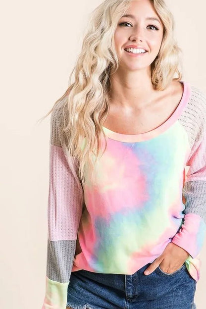 BiBi Tie Dye Terry Top with Color Block Pointelle Knit - Bitsy Gypsy Boutique